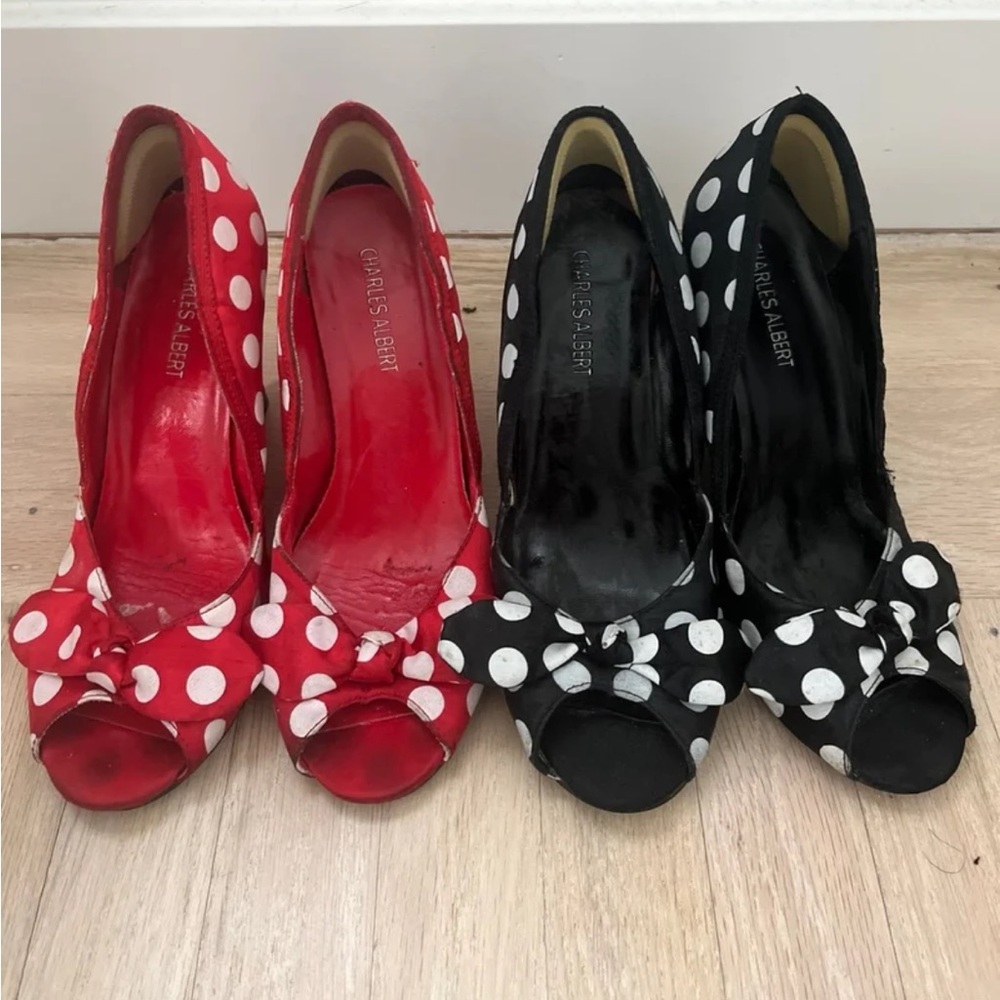 Charles Lambert Dot Peep Toe Wedges in Red and Black